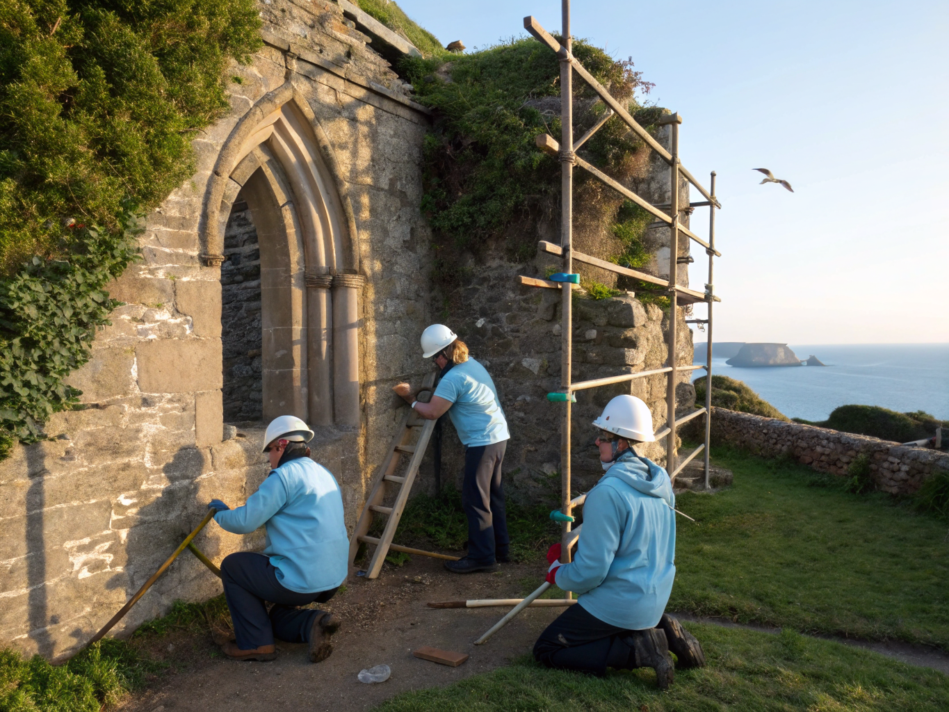 Bénévoles travaillant sur la restauration de la maçonnerie en pierre